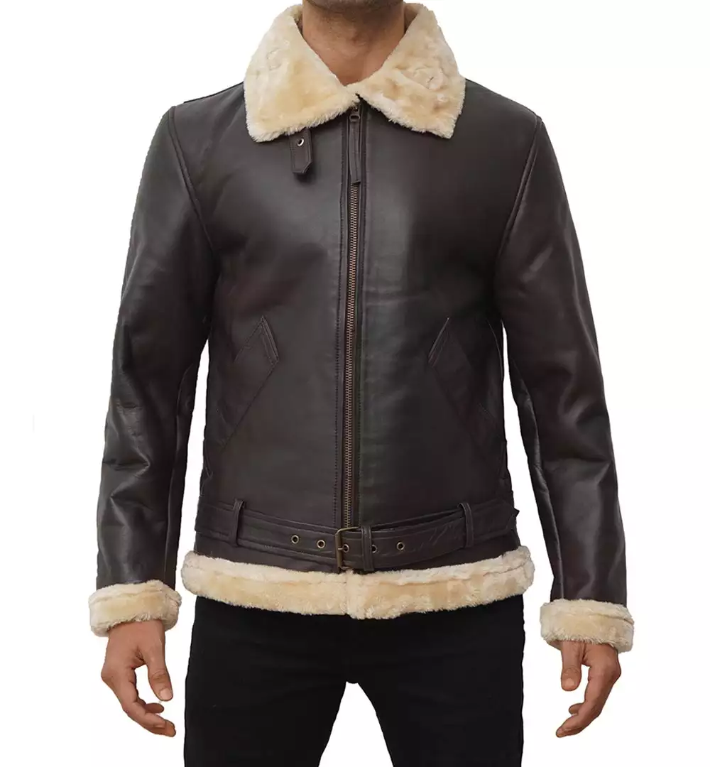 Mens Real Leather Dark Brown Shearling Bomber Jacket