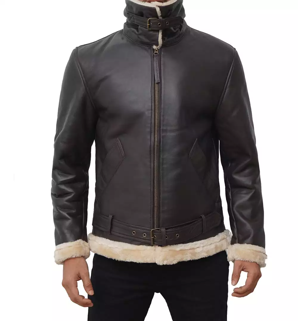 Mens Real Leather Dark Brown Shearling Bomber Jacket