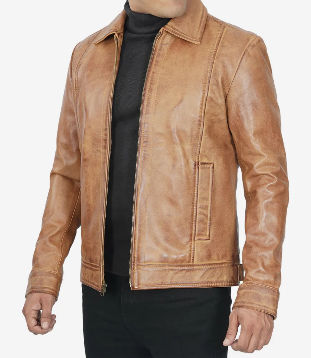 Mens Shirt Collar Leather Jacket Brown