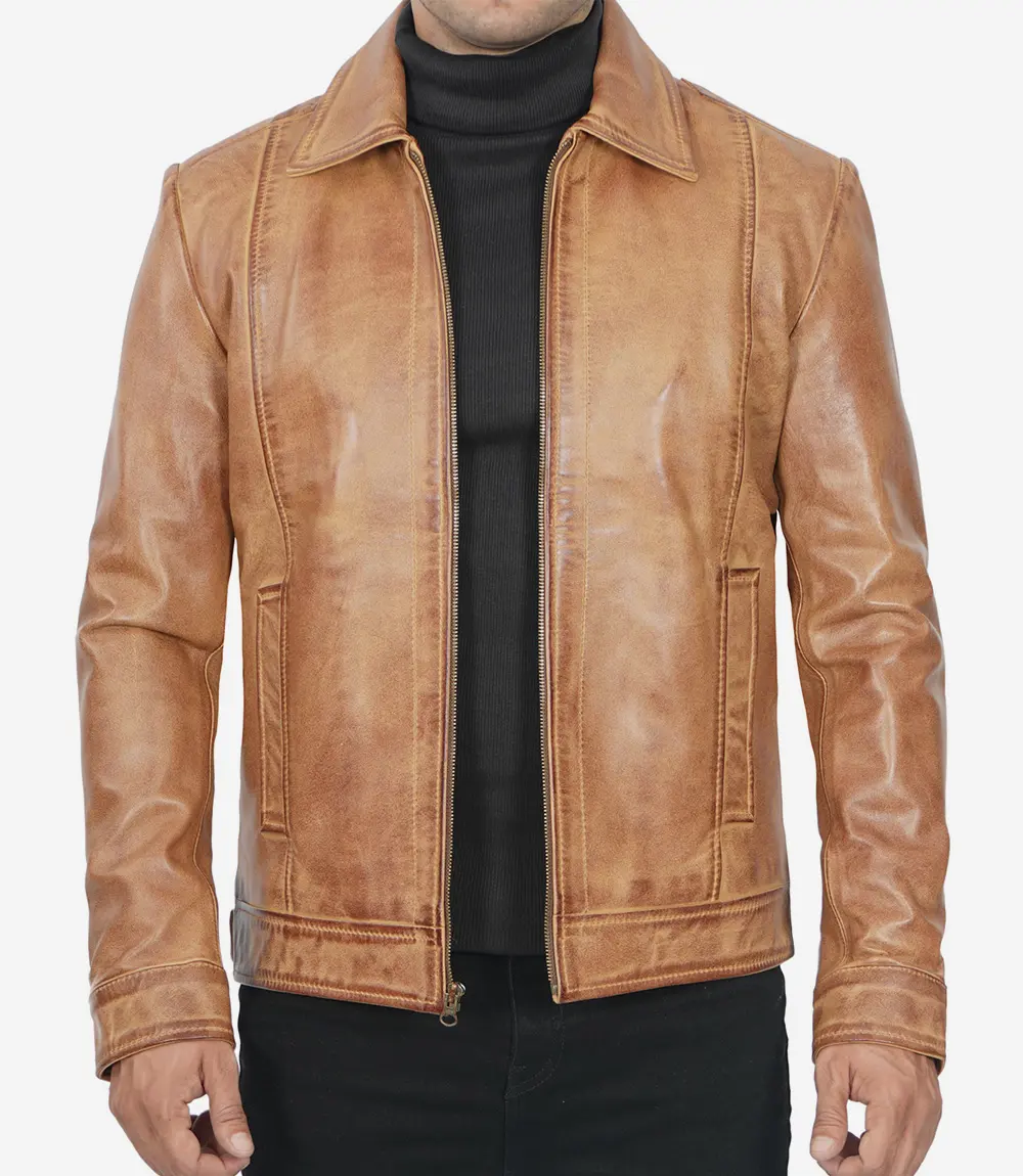 Mens Shirt Collar Leather Jacket Brown