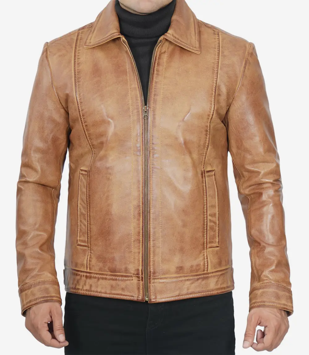 Mens Shirt Collar Leather Jacket Brown