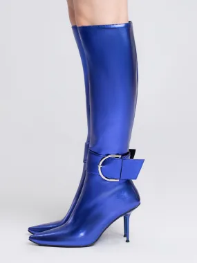 Metallic Pointed Toe Buckle Knee High Boots