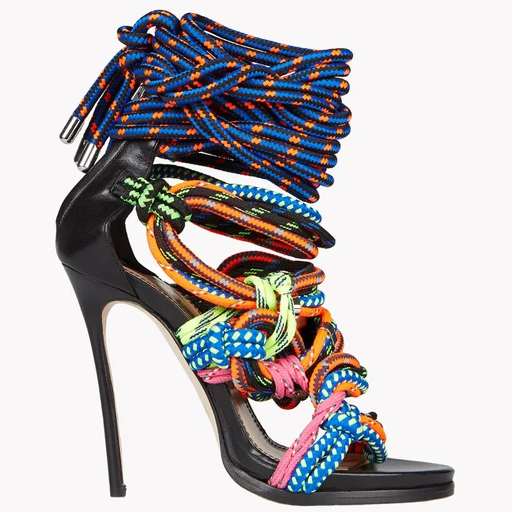 Multicolor Lace Up Pumps with Thin High Heel and Rope Detail