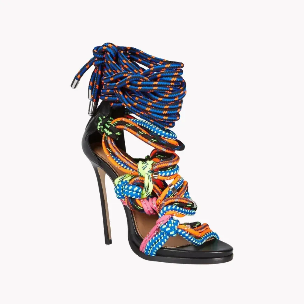 Multicolor Lace Up Pumps with Thin High Heel and Rope Detail