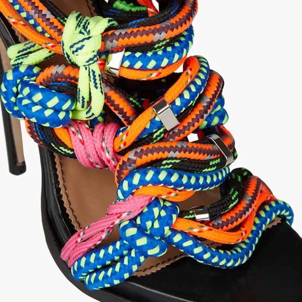 Multicolor Lace Up Pumps with Thin High Heel and Rope Detail