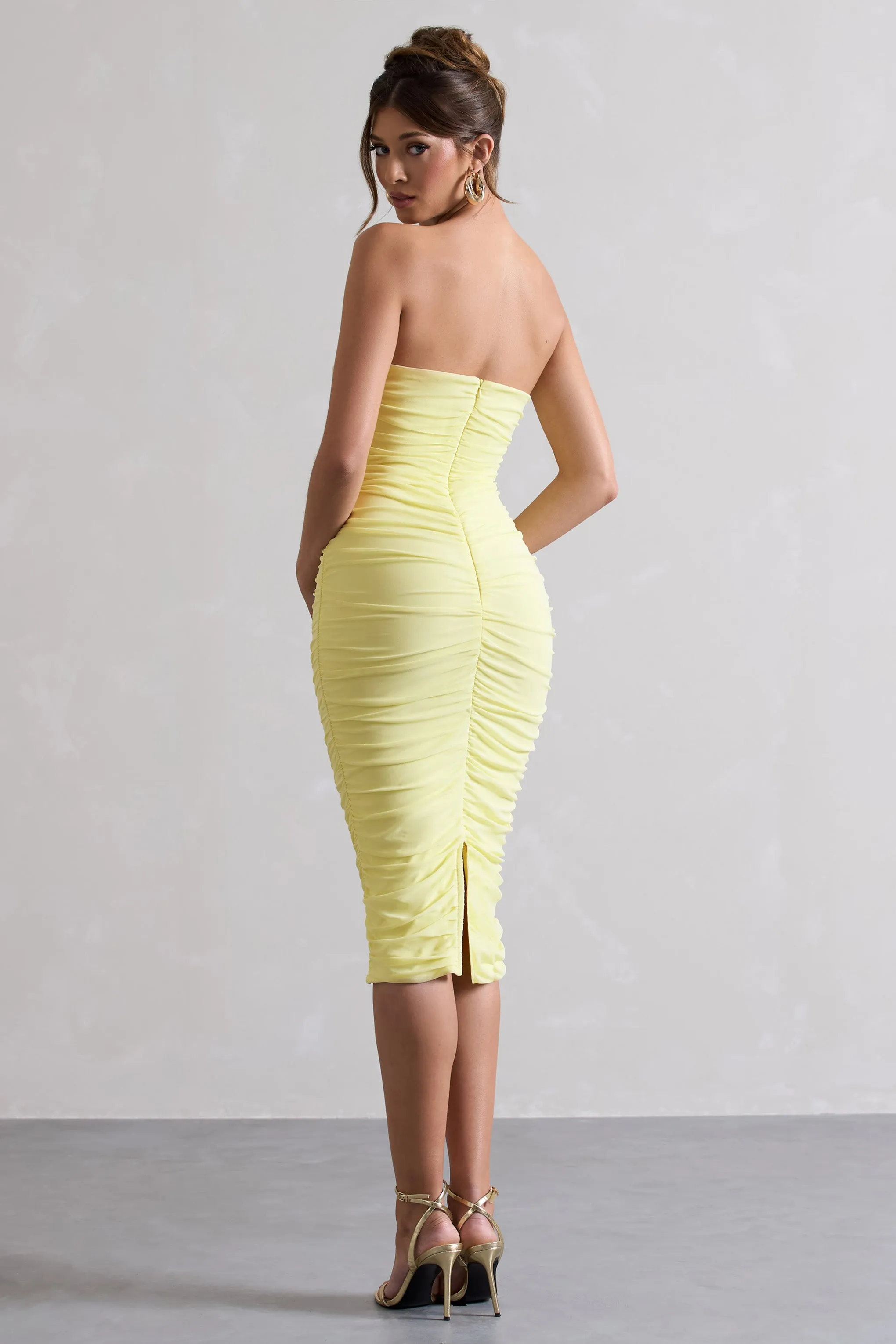 Lemon Strapless Bodycon Ruched Mesh Midi Dress My Girl