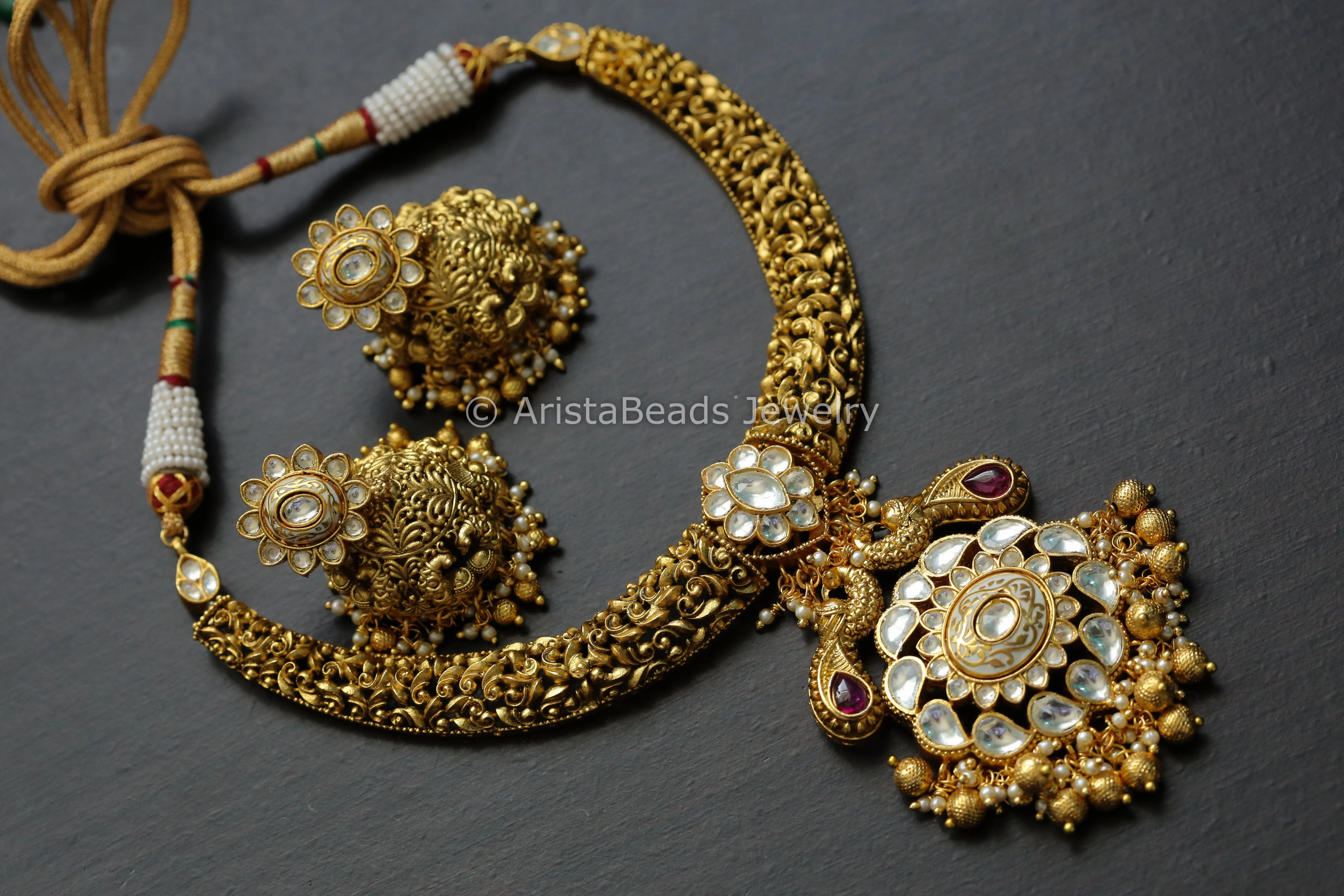 Nakshi Antique Gold Kundan Enamel Necklace Set