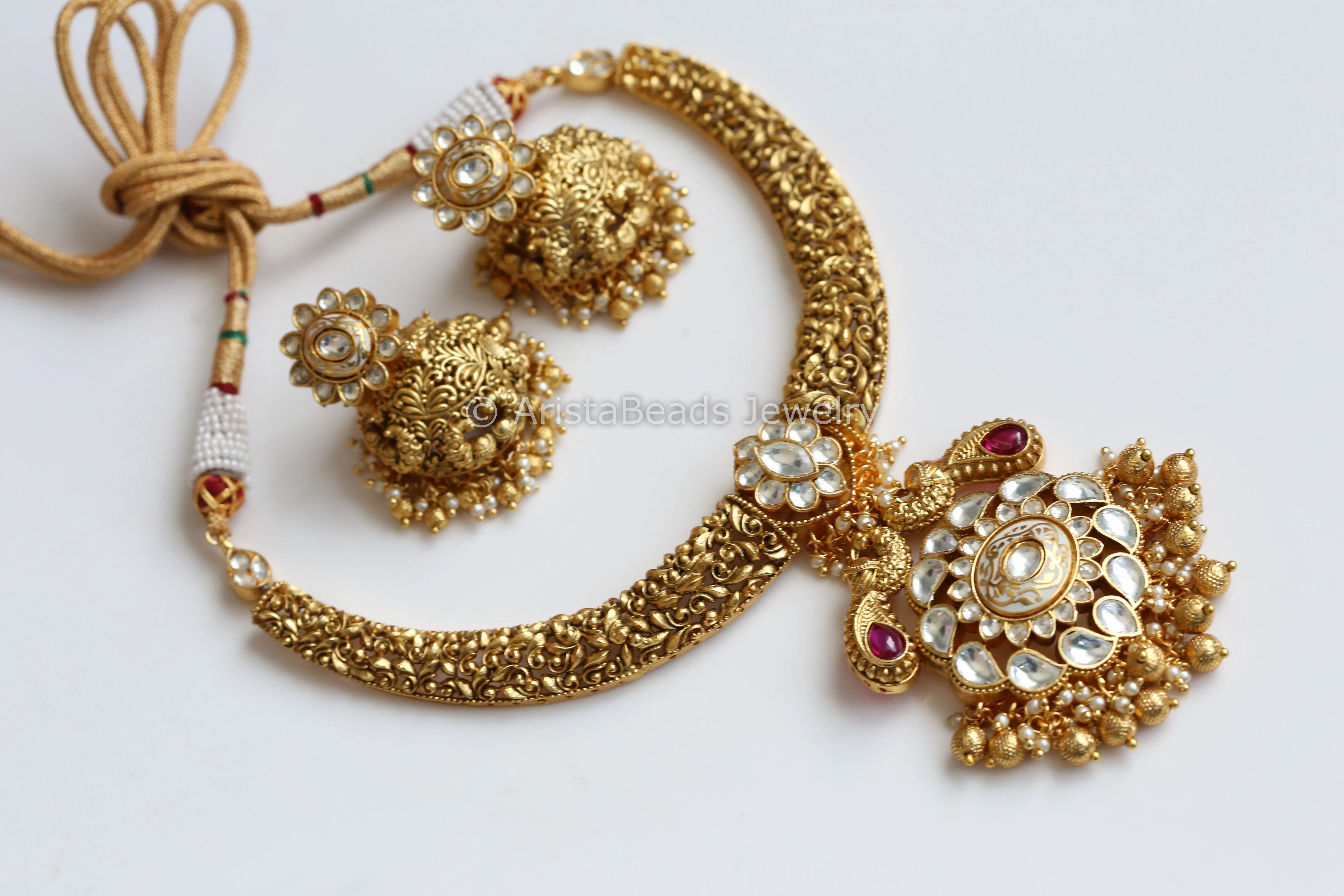 Nakshi Antique Gold Kundan Enamel Necklace Set