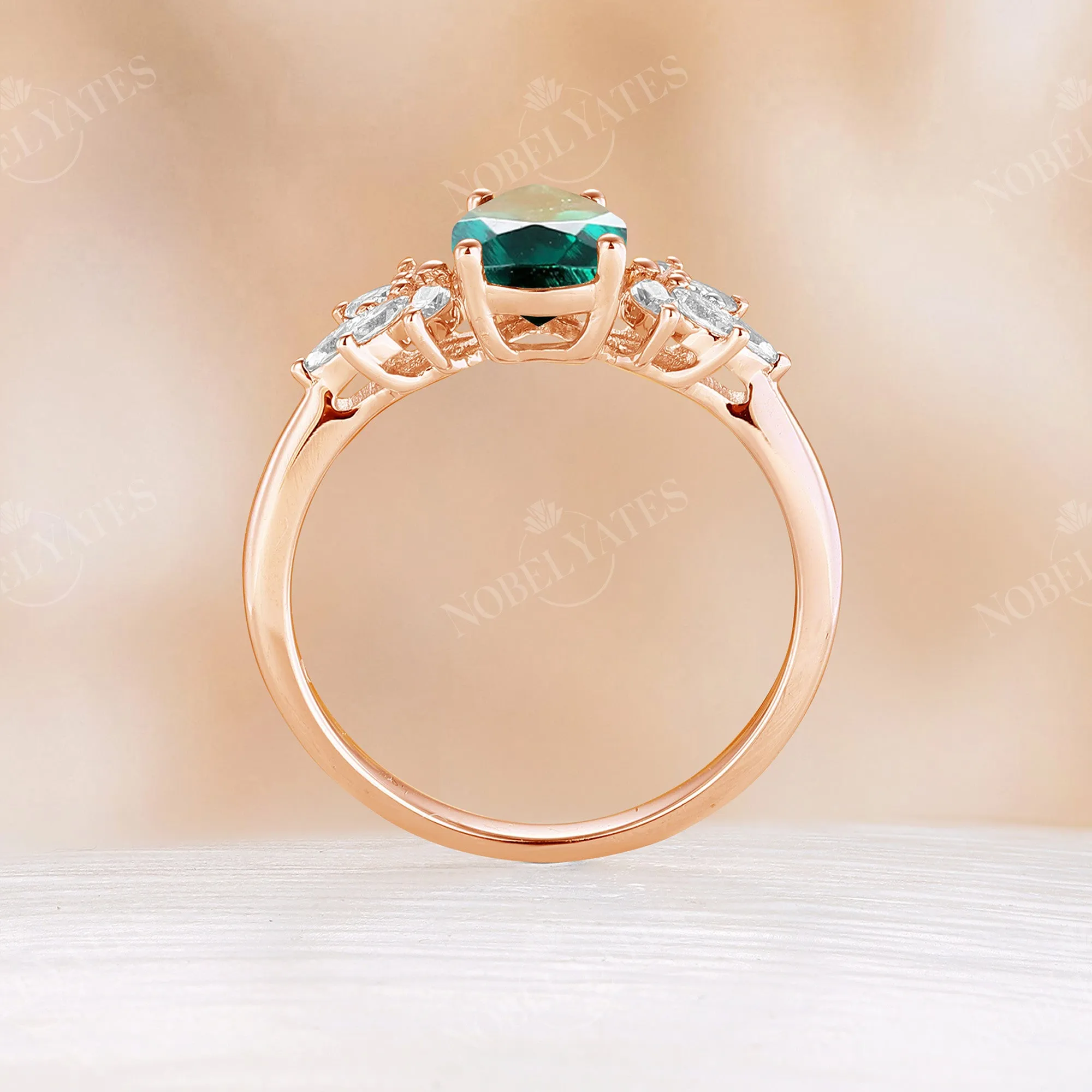 Nature Inspired Pear Lab Emerald Engagement Ring Set Leaf Matching Band