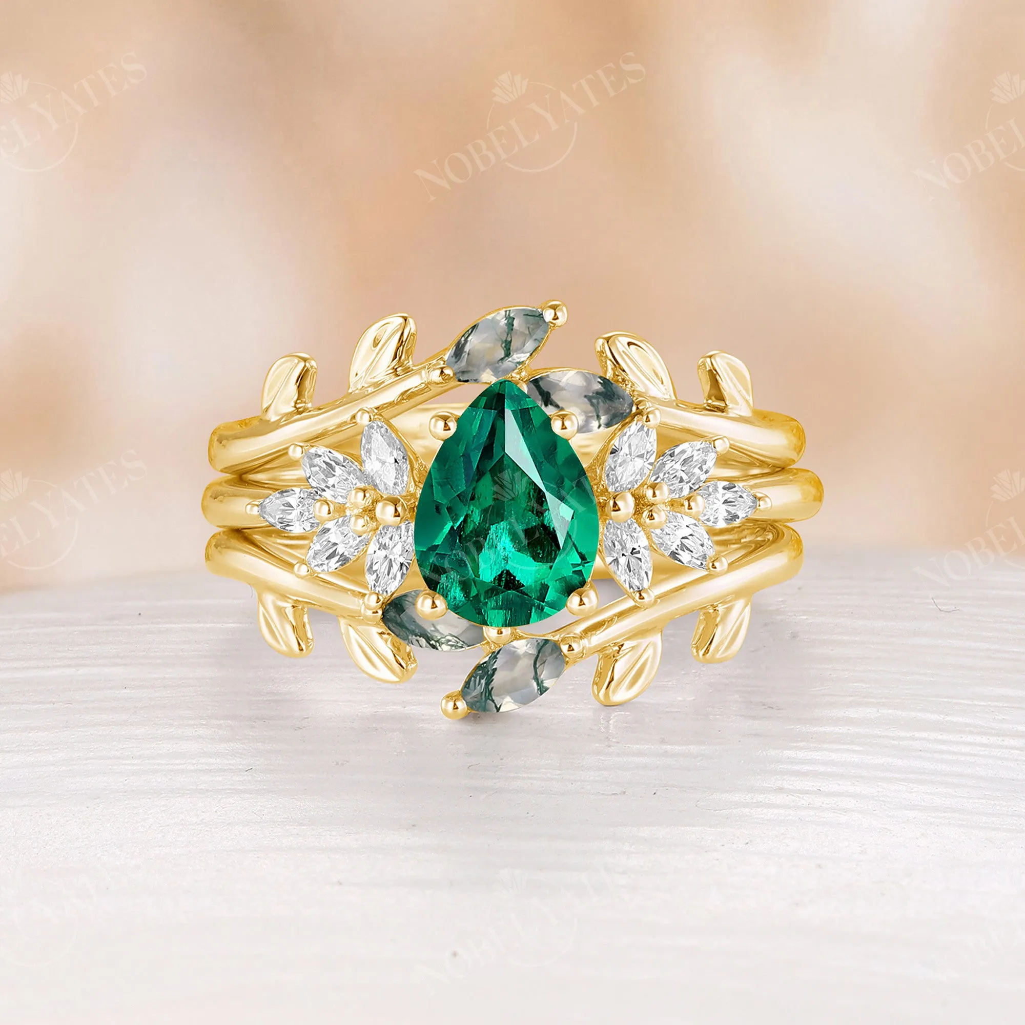 Nature Inspired Pear Lab Emerald Engagement Ring Set Leaf Matching Band