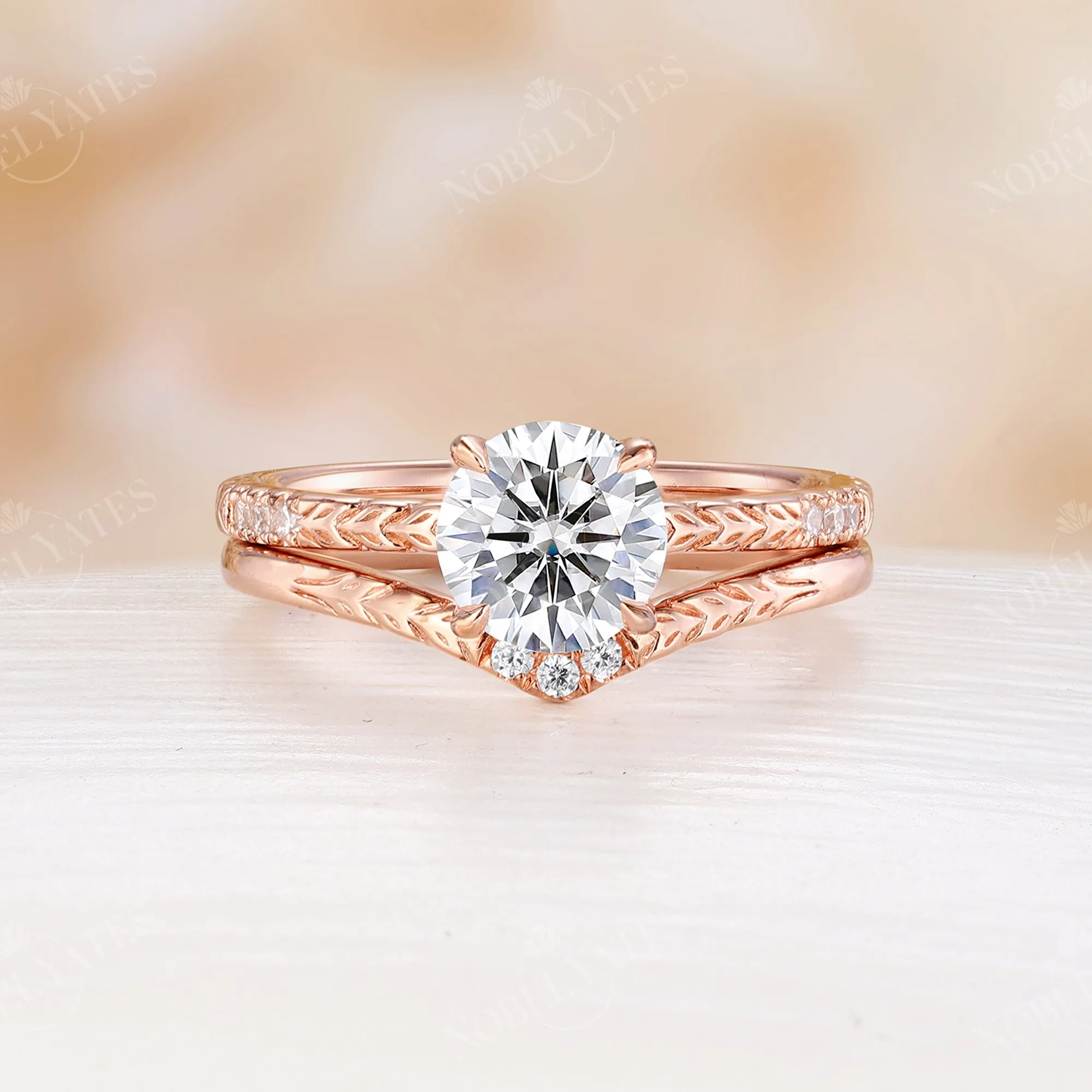 Nature Leaf Engraving Round Moissanite Engagement Ring Set Rose Gold