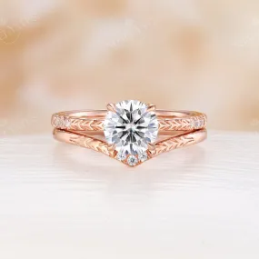 Nature Leaf Engraving Round Moissanite Engagement Ring Set Rose Gold