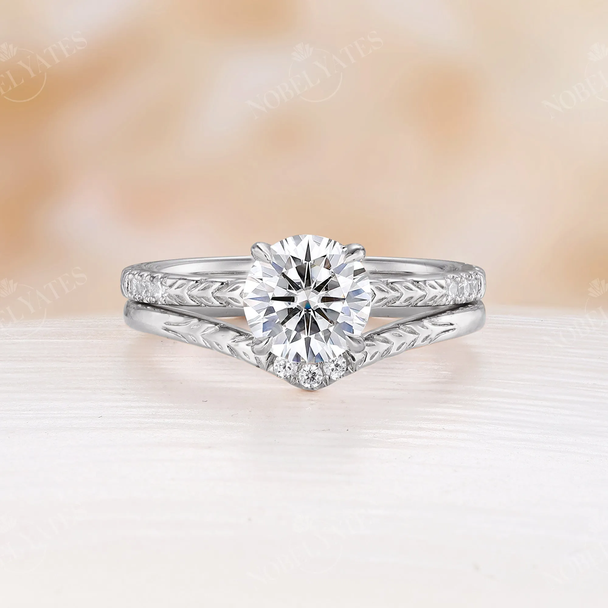 Nature Leaf Engraving Round Moissanite Engagement Ring Set Rose Gold