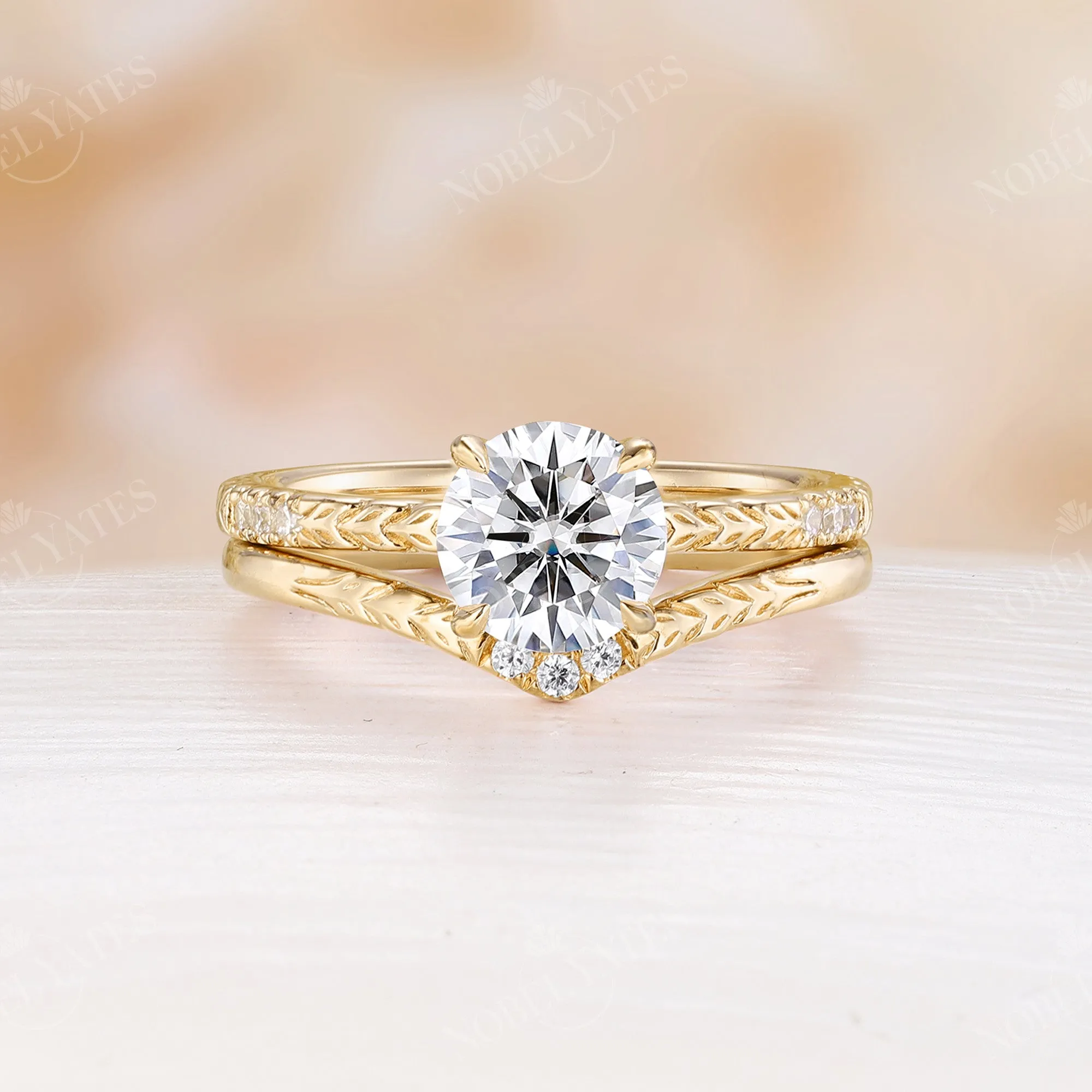 Nature Leaf Engraving Round Moissanite Engagement Ring Set Rose Gold