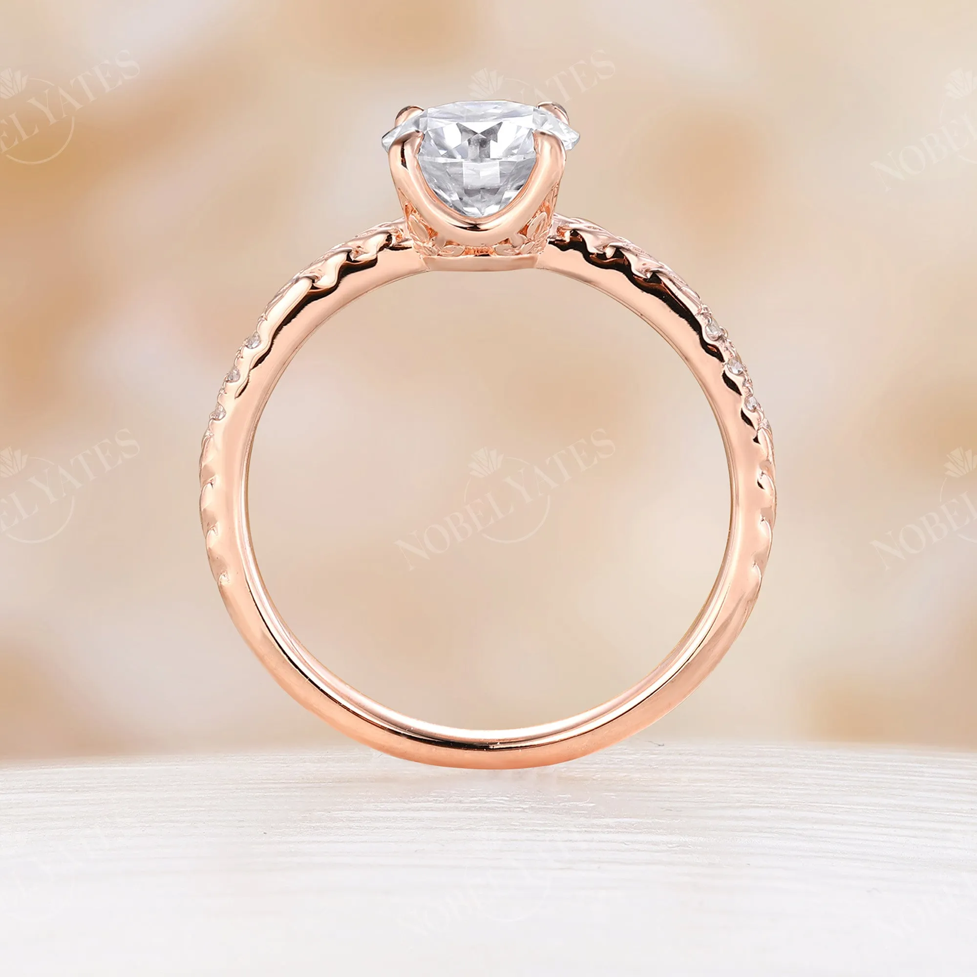 Nature Leaf Engraving Round Moissanite Engagement Ring Set Rose Gold