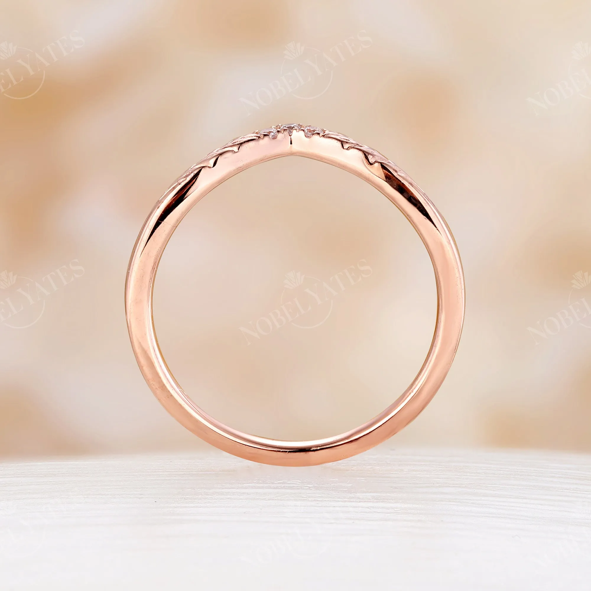 Nature Leaf Engraving Round Moissanite Engagement Ring Set Rose Gold