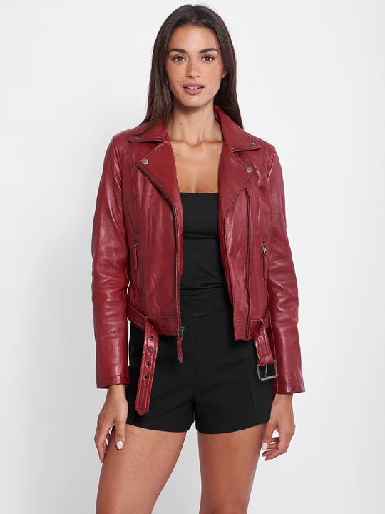 New Women's Red Genuine Leather Biker Jacket