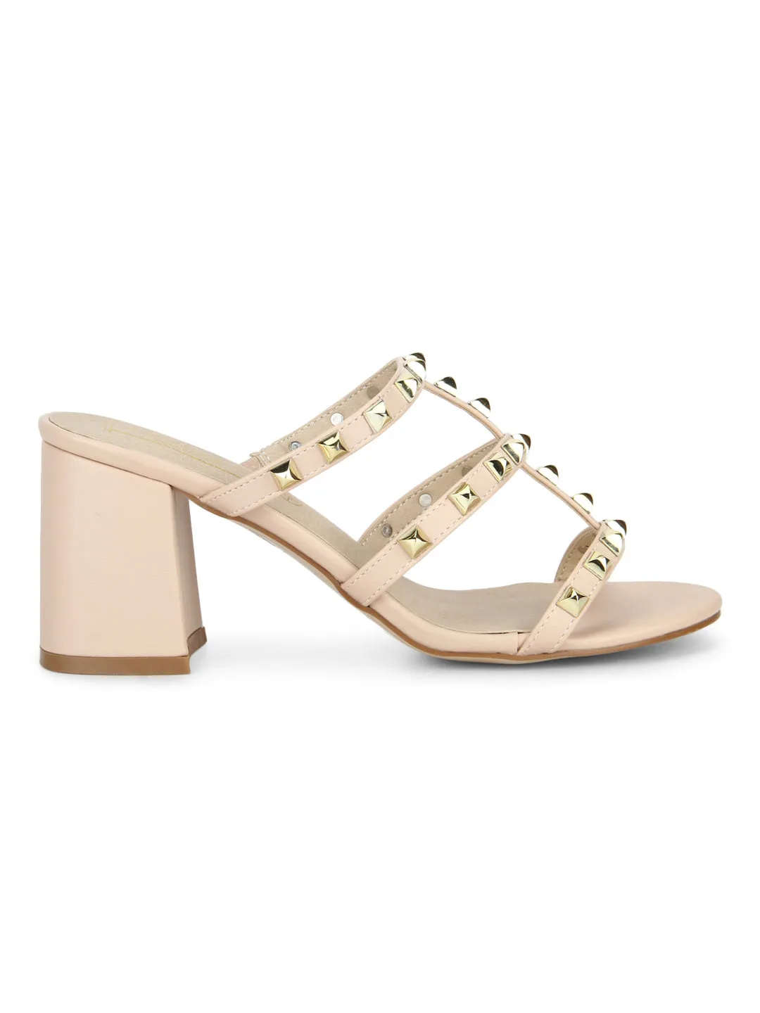 Nude PU Studded Block Heels