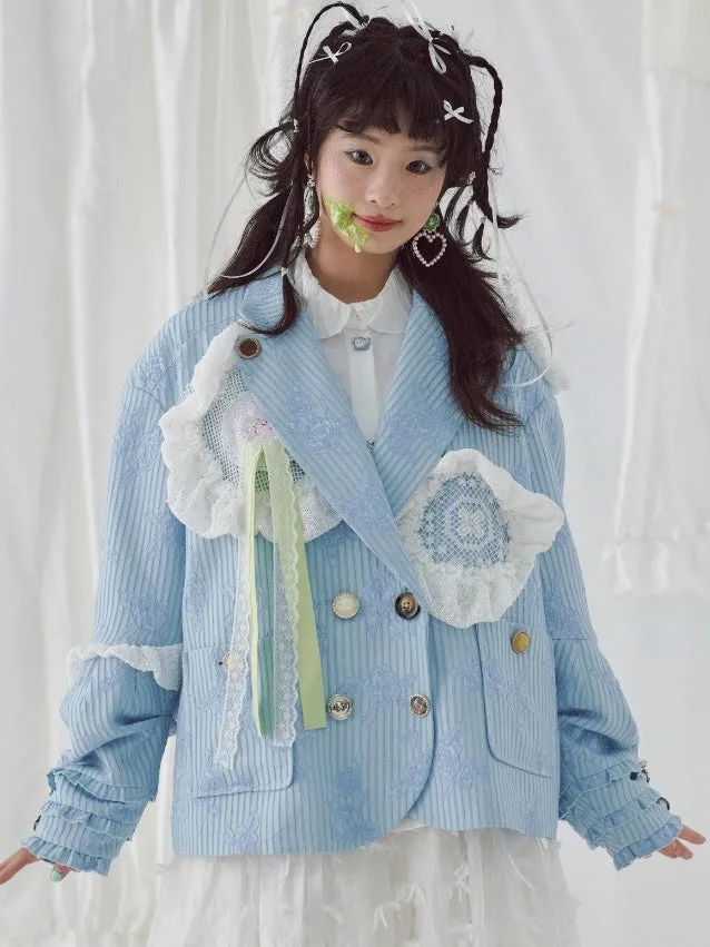 Oversize Lace Stitch Floral Stripe Design Jacket