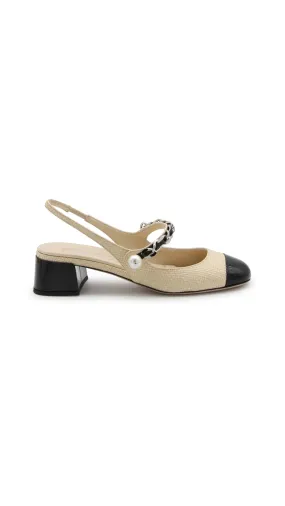 Tan Black Patent Leather Raffia Slingback Pumps