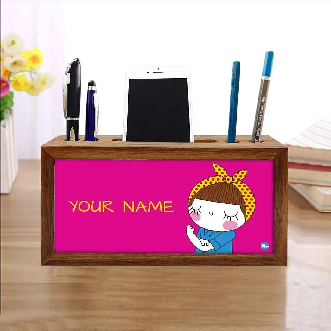 Personalized Desk Organizer tray Wood - Girl Power