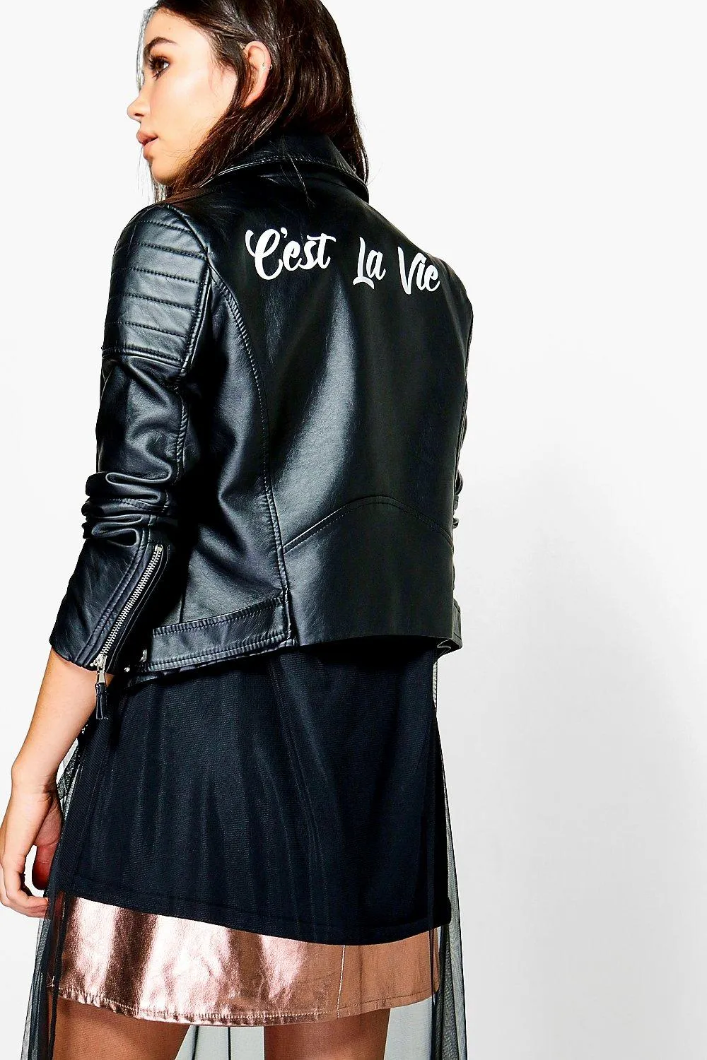 Phoebe Slogan Back Pu Moto Jacket