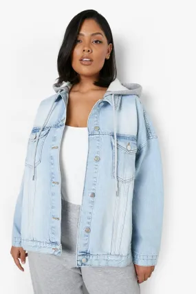 Plus Loopback Hooded Denim Distressed Jacket