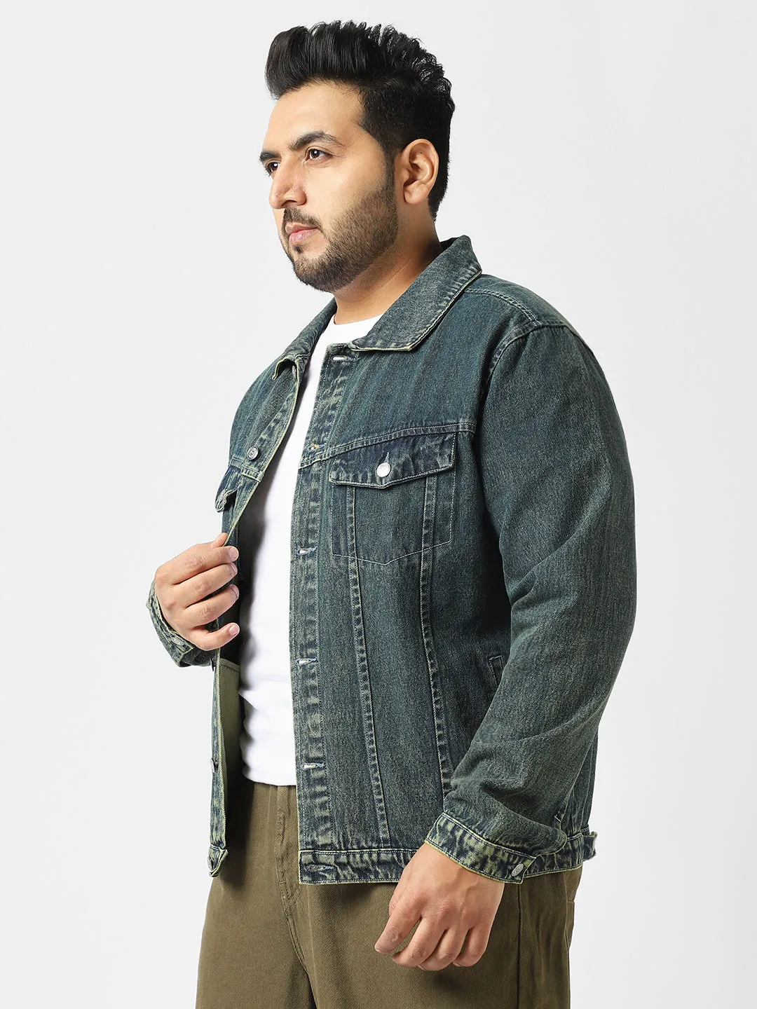 Plus Men's Blue Regular Fit Washed Full Sleeve Denim Jacket