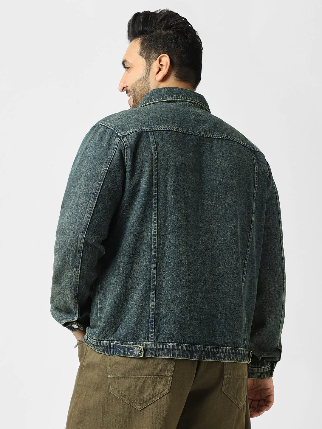 Plus Men's Blue Regular Fit Washed Full Sleeve Denim Jacket