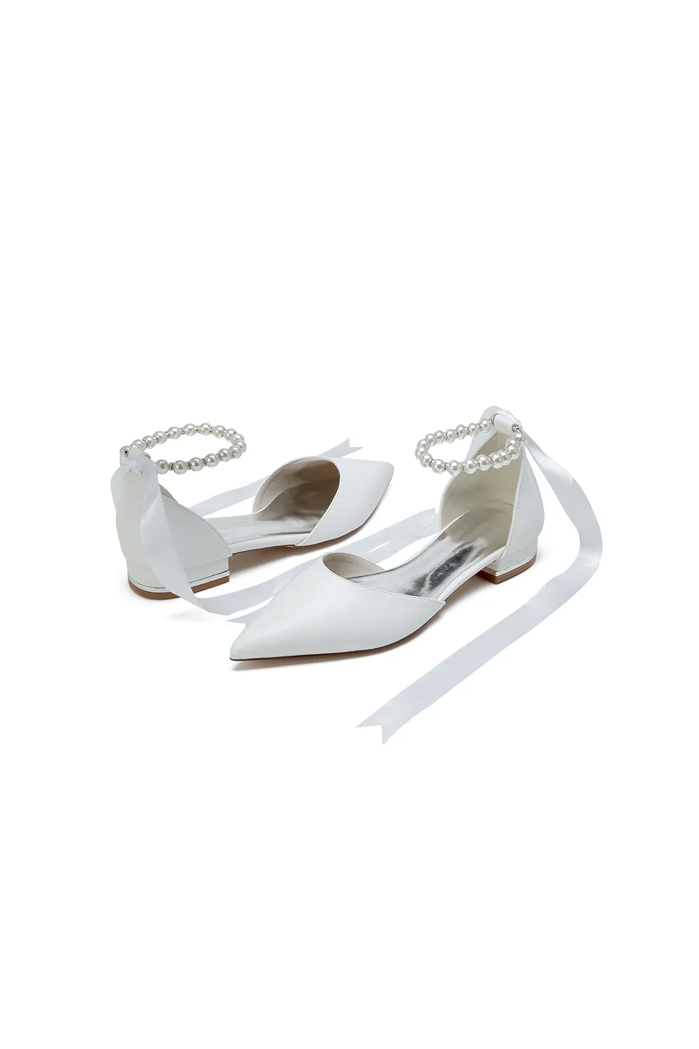 Pointed Toe Ankle Strap Pearl Beaded Ivory Ribbons Low Heels