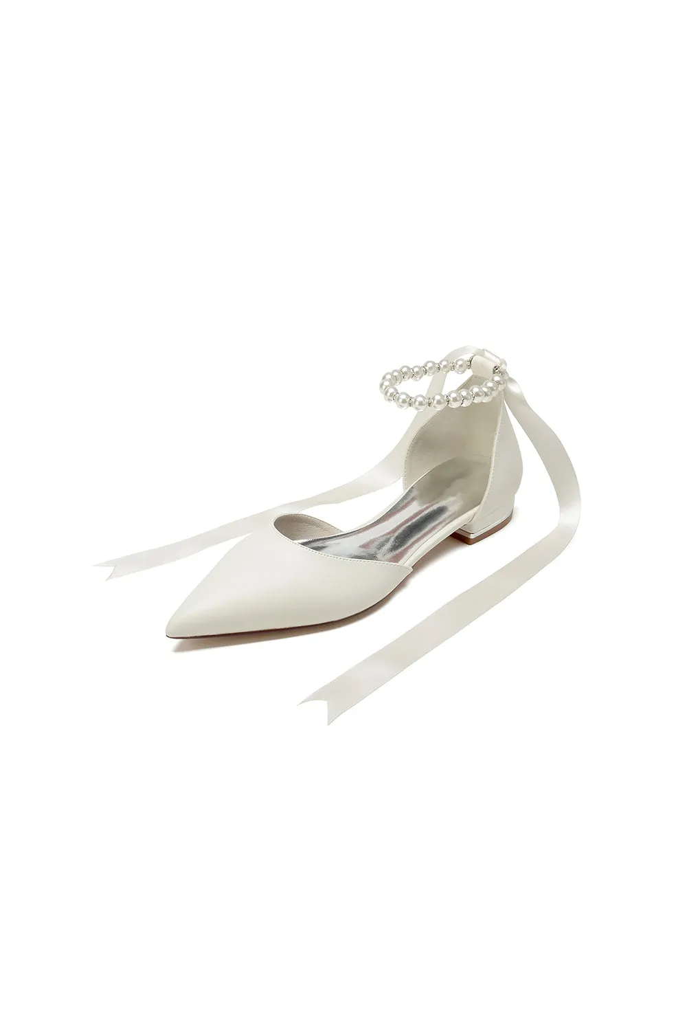 Pointed Toe Ankle Strap Pearl Beaded Ivory Ribbons Low Heels