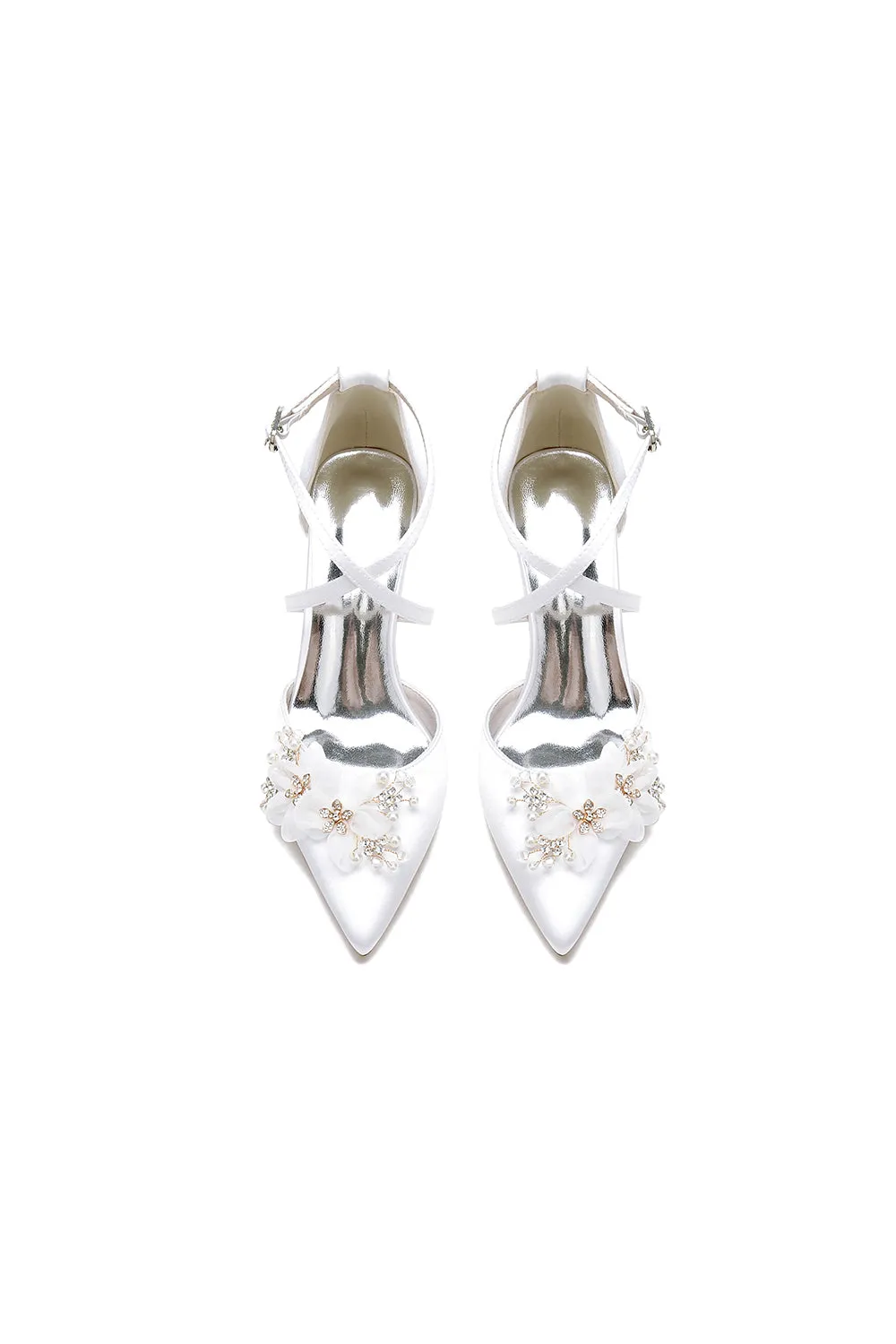 Pointed Toe White  Chunky Heels with Flower