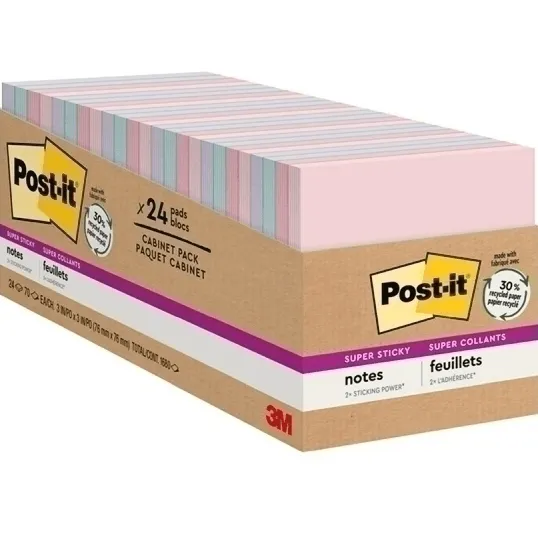 Post-It 654-24NH-CP Recycled Super Sticky Notes 76x76mm Wanderlust Pastels Collection Pack 24 Pads