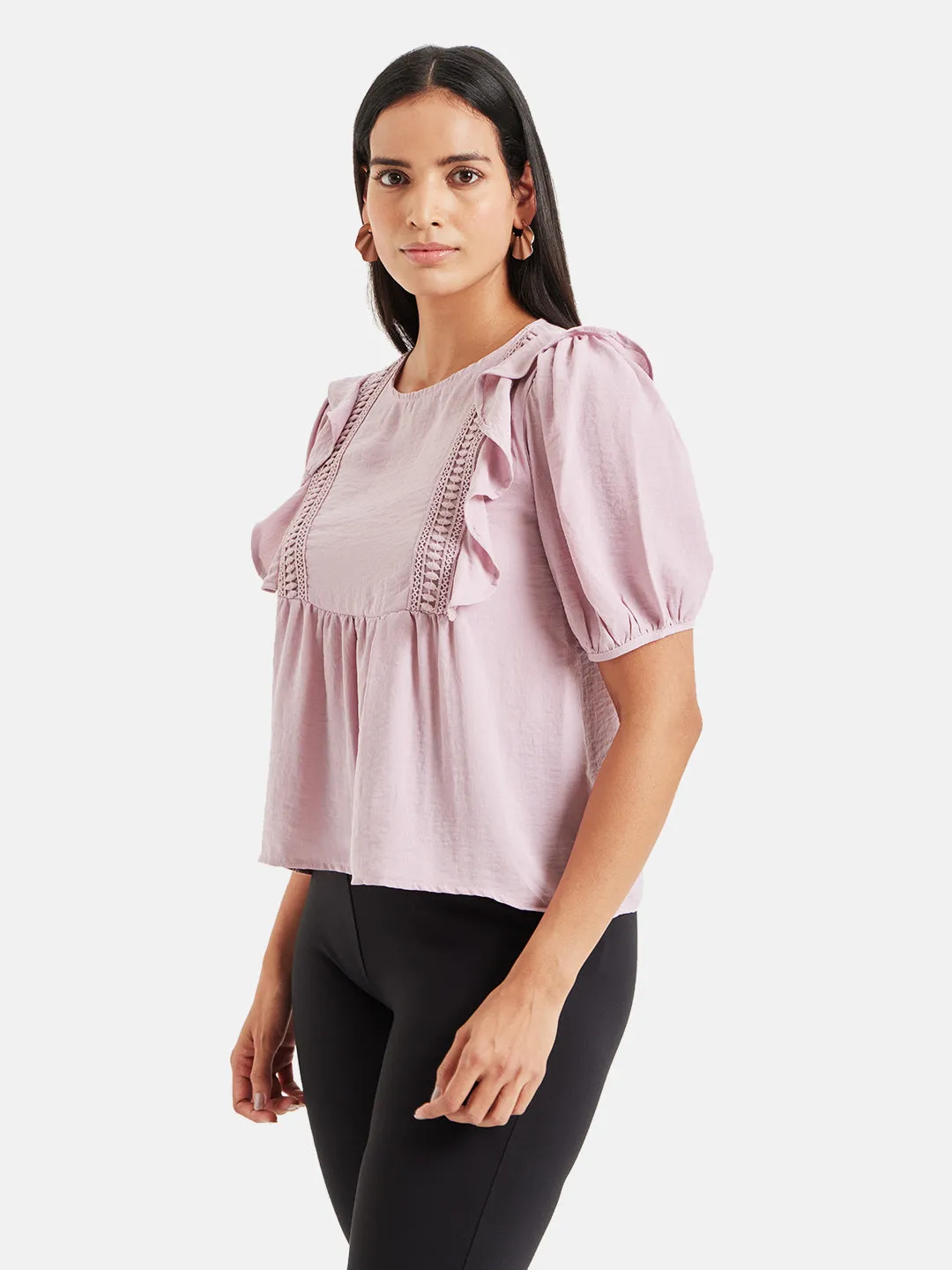 Puff Sleeve Blouse Featuring Ruffle And Lace Trim