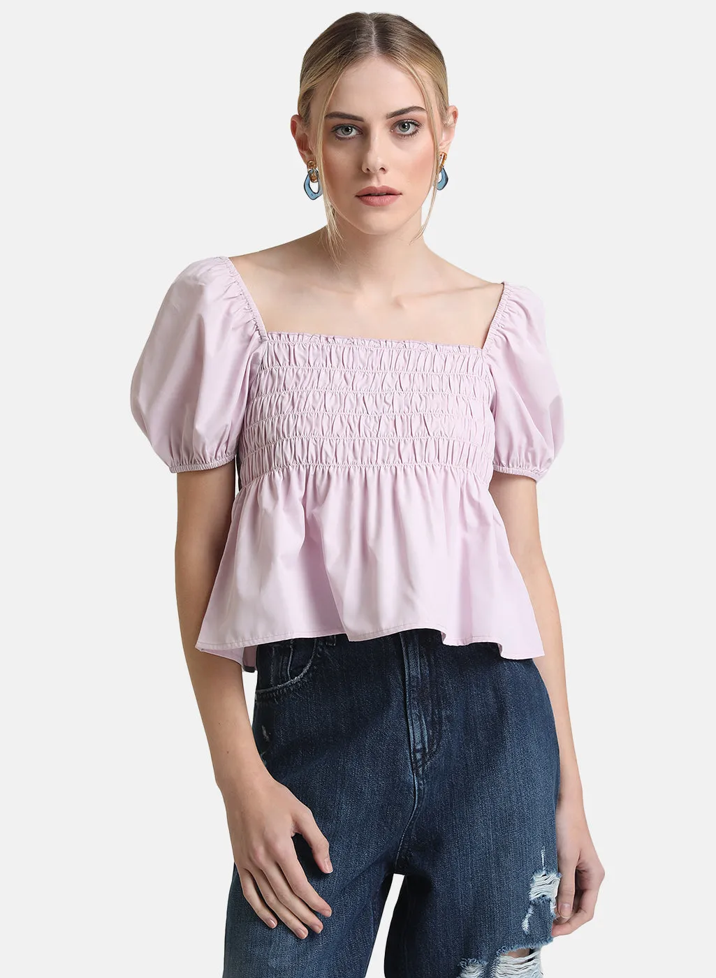 Puff Sleeve Square Neck Crop Top with Smocking Detail