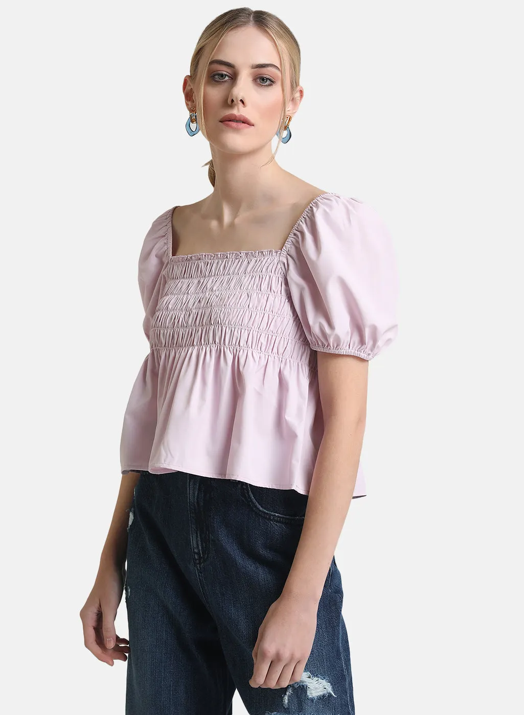 Puff Sleeve Square Neck Crop Top with Smocking Detail