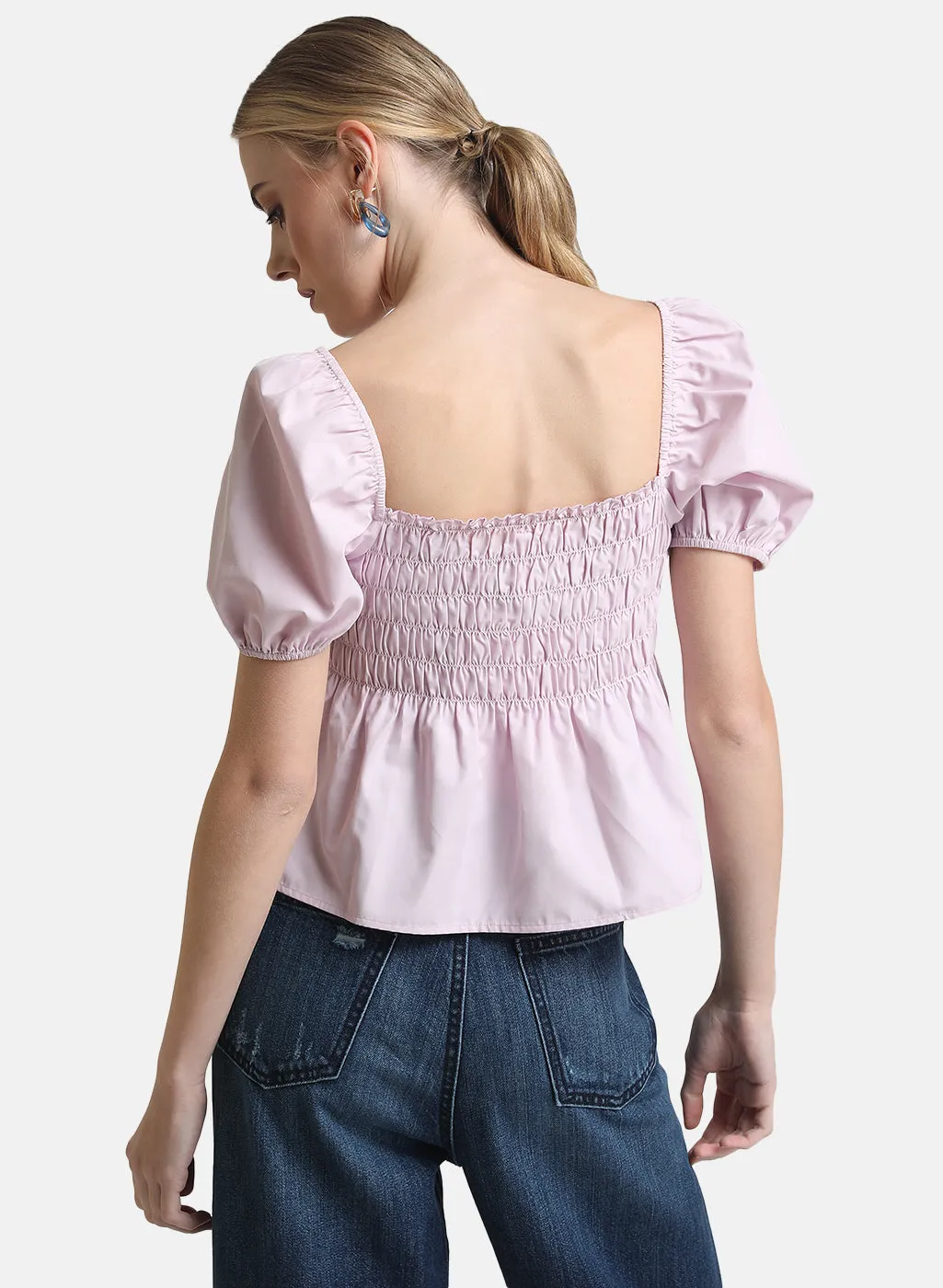 Puff Sleeve Square Neck Crop Top with Smocking Detail