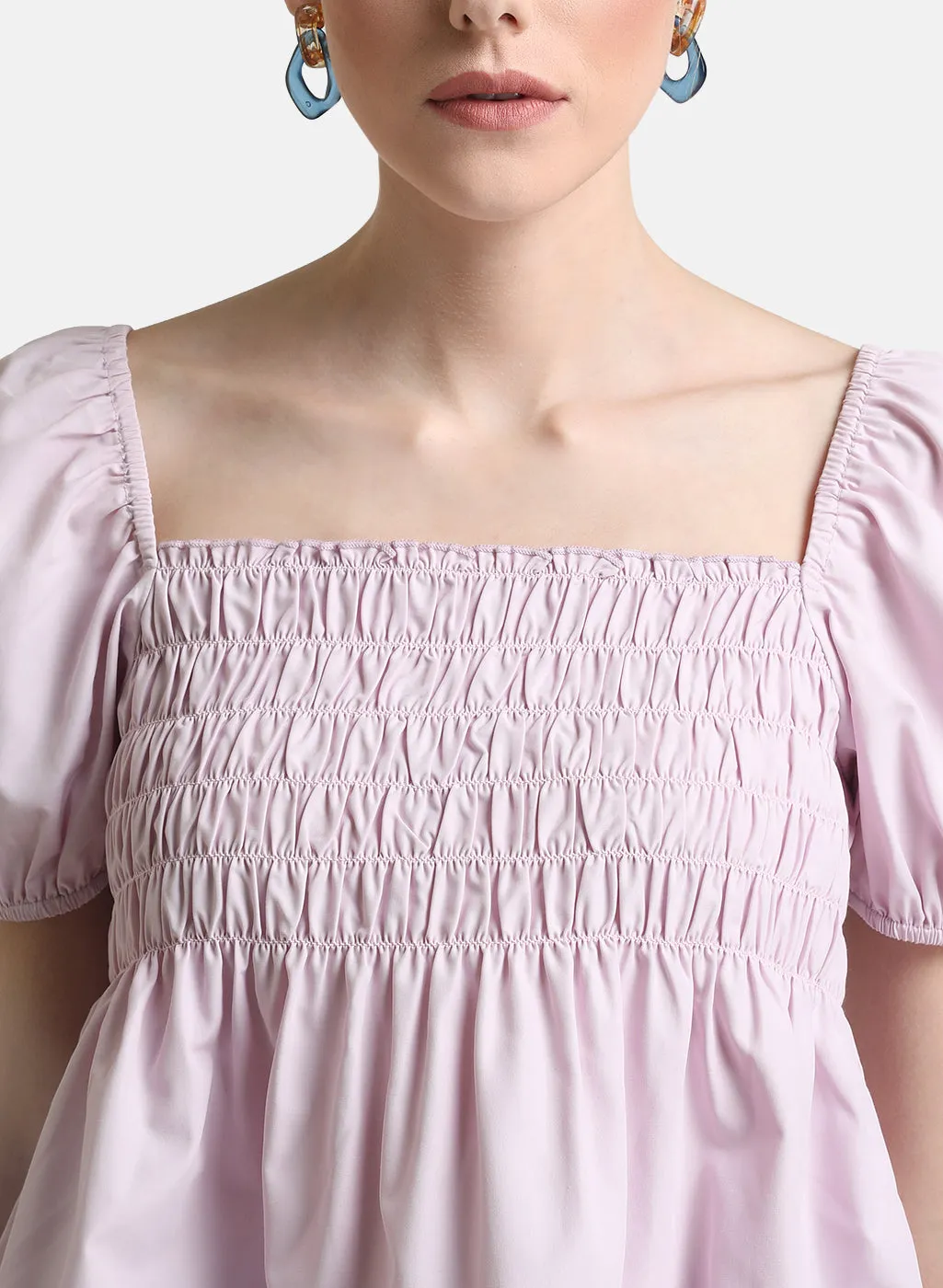 Puff Sleeve Square Neck Crop Top with Smocking Detail