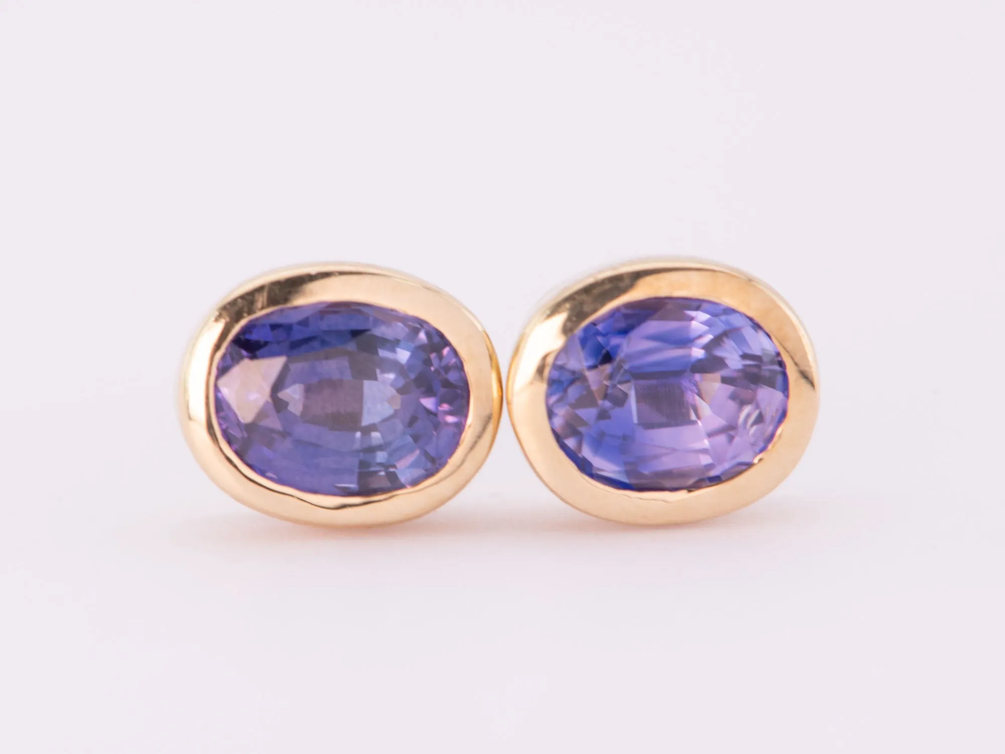 Purple Bi-Color Sapphire Bezel Set Ear Studs 14K Gold R3201