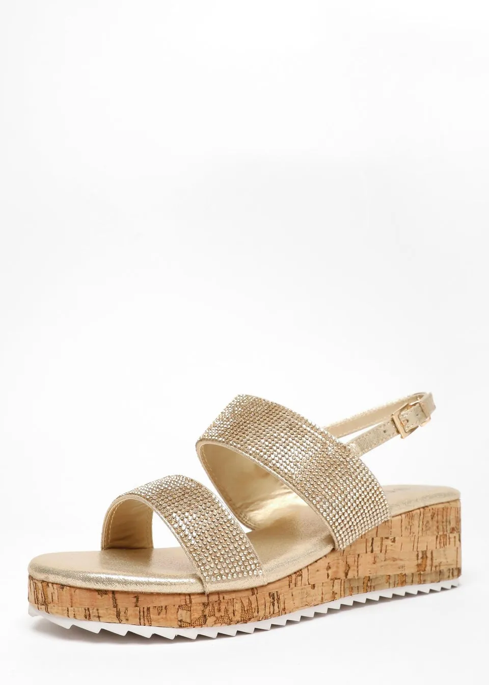 Quiz Gold Diamante Double Strap Low Wedges