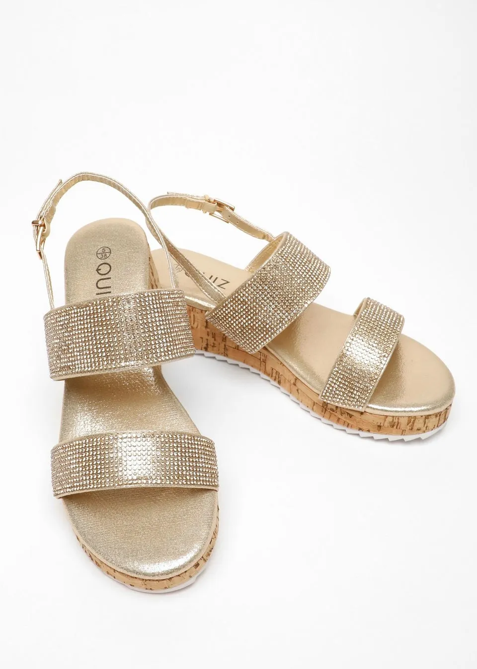 Quiz Gold Diamante Double Strap Low Wedges