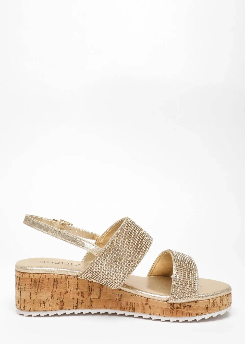 Quiz Gold Diamante Double Strap Low Wedges