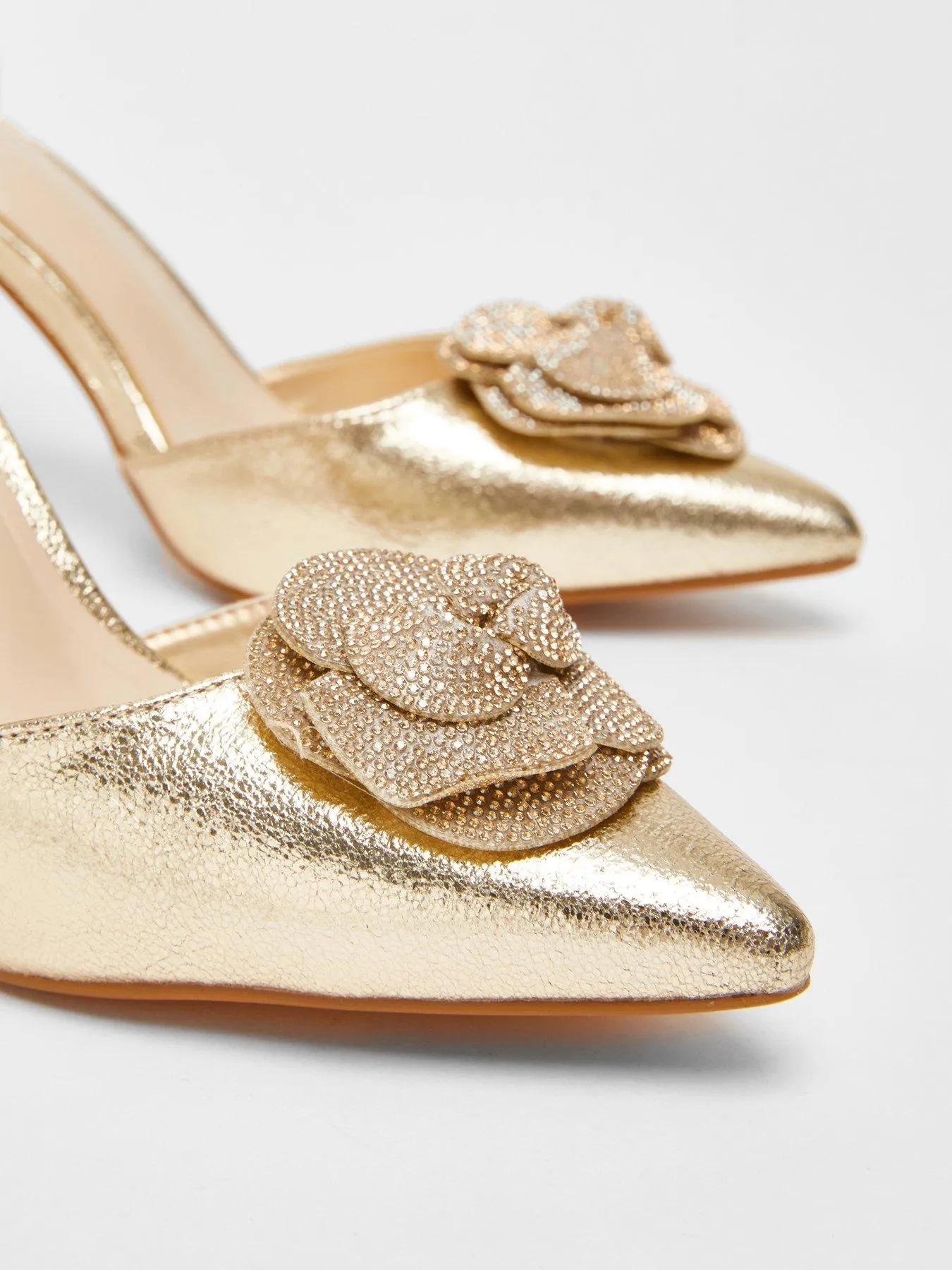 Quiz Gold Foil Diamante Corsage Court Heels