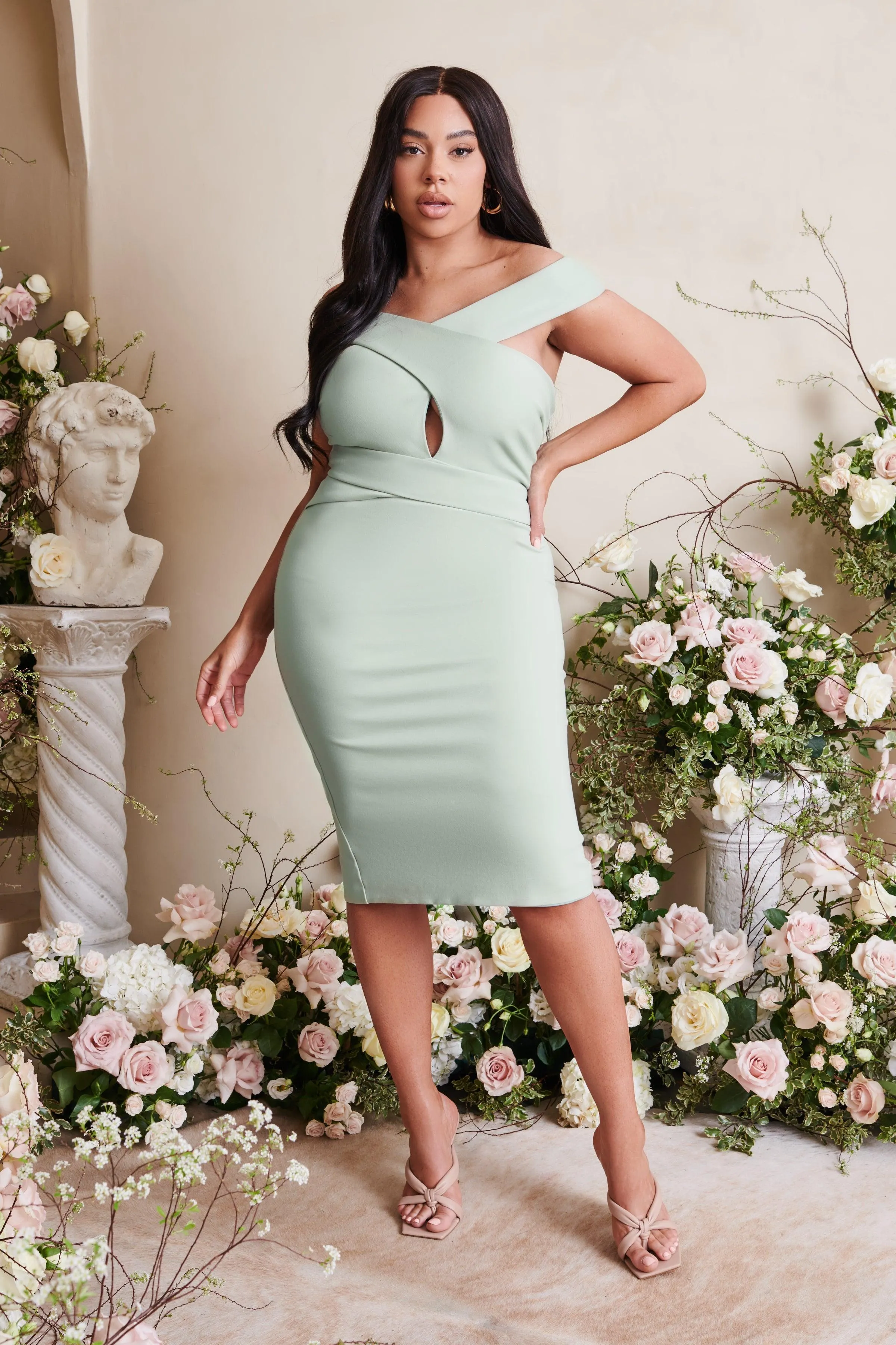 RAELYNN Sage Green Off Shoulder Wrap Ponte Dress