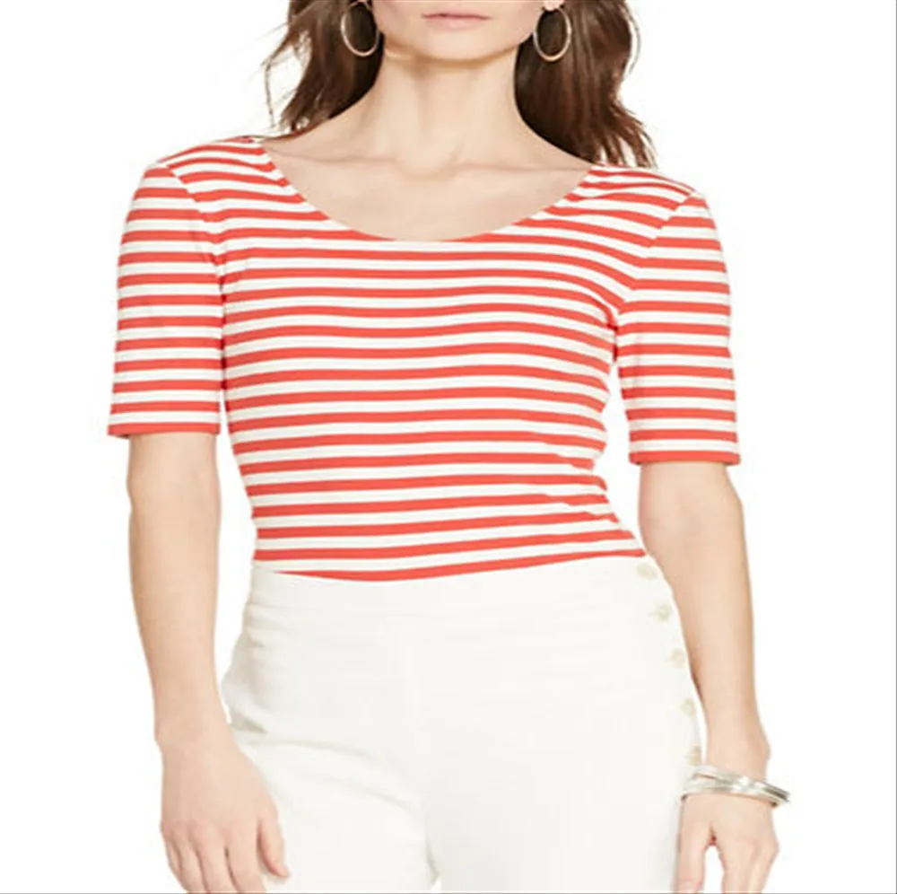 Ralph Lauren Women's Red Striped Short Sleeve Scoop Neck Top Size Large.