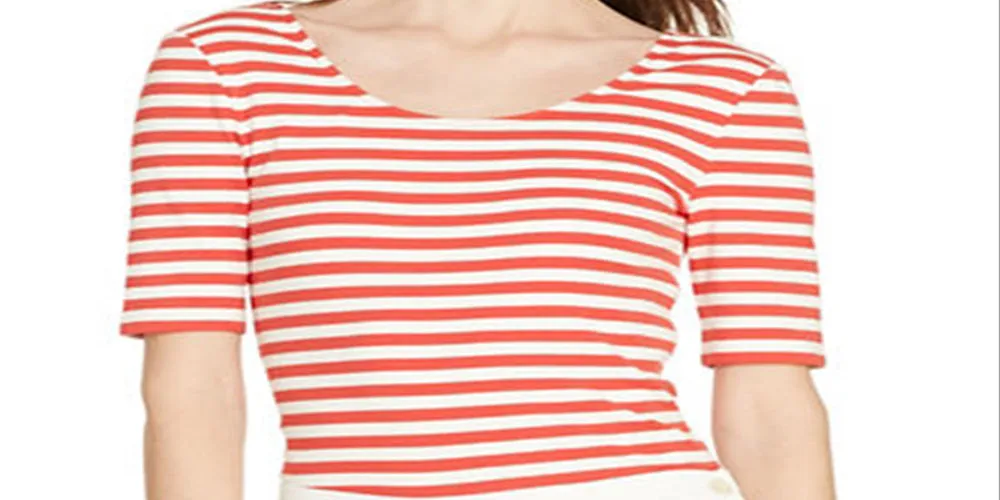 Ralph Lauren Women's Red Striped Short Sleeve Scoop Neck Top Size Large.