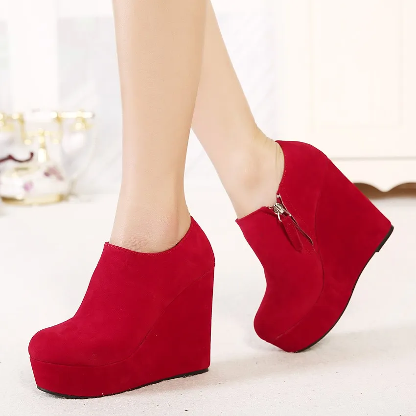 Red Suede Platforms Ankle Boots