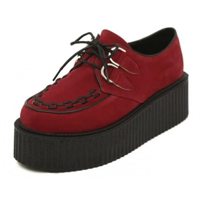 Red Suede Stitches Lace Up Creepers Oxfords