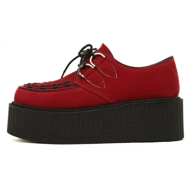 Red Suede Stitches Lace Up Creepers Oxfords