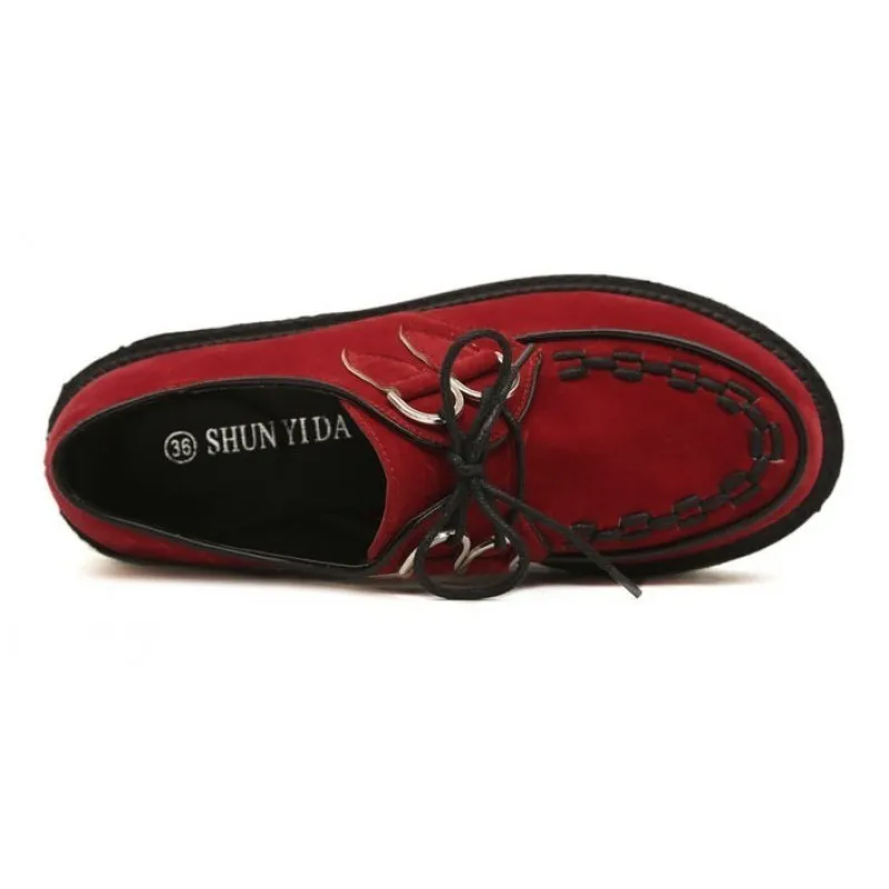 Red Suede Stitches Lace Up Creepers Oxfords